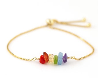 Rainbow Chakra Bracelet, Raw Crystal Bar Bracelet, Genuine Gemstones, Pride Jewelry Gift, Pull Tie Bolo Adjustable Stacking Bracelet Gold