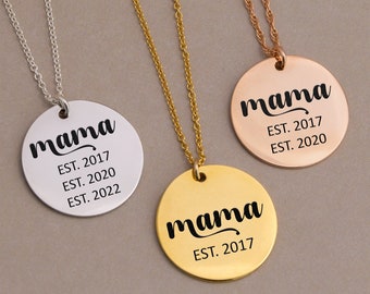 MAMA est. Custom Engraved Necklace Gold, Christmas Kids Birthdays on Charm, Unique Rose Gold Necklace for Women, Engraved Disc Pendant