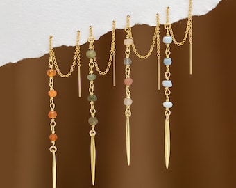 Beaded Chain Drop Earrings, Tiny Gemstones Crystal Beaded Threaders, Lightweight Gold Everyday Earrings, Summer Jewelry Trends, Birthstone