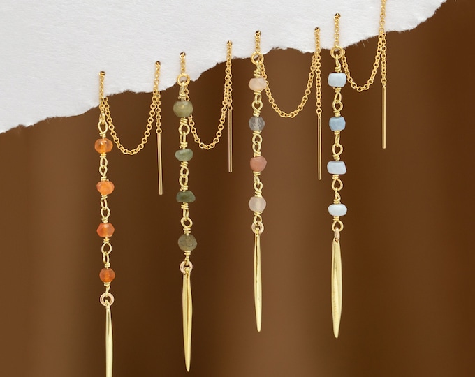 Beaded Chain Drop Earrings, Tiny Gemstones Crystal Beaded Threaders, Lightweight Gold Everyday Earrings, Summer Jewelry Trends, Birthstone