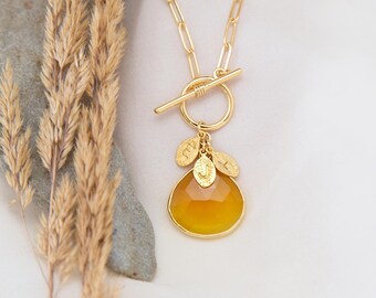 Yellow Gemstone Pendant with Custom Charms, Chunky Paperclip Chain Toggle Clasp, Stamped Initial Charms Genuine Gemstones, Birthday Gift