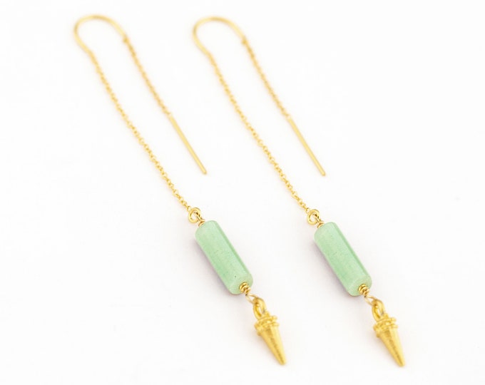 Pale Green Aventurine Threaders, Simple Chain Drop Earrings, Jade Colored Genuine Gemstone Tube, Minimalist Boho Gold Spike, Gift for Her