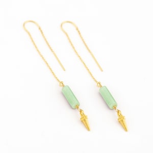 Pale Green Aventurine Threaders, Simple Chain Drop Earrings, Jade Colored Genuine Gemstone Tube, Minimalist Boho Gold Spike, Gift for Her