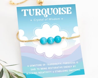 Turquoise Beaded Bracelet, Adjustable Box Chain Dainty Gemstone Stacking Bracelet, Crystal of Wisdom Tranquility Gift, December Birthstone