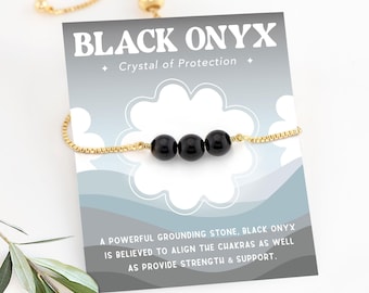 Black Onyx Bracelet, Crystal of Protection Strength Support Gift, Minimalist Beaded Box Chain Silver, Stacking Layering Adjustable Bracelet