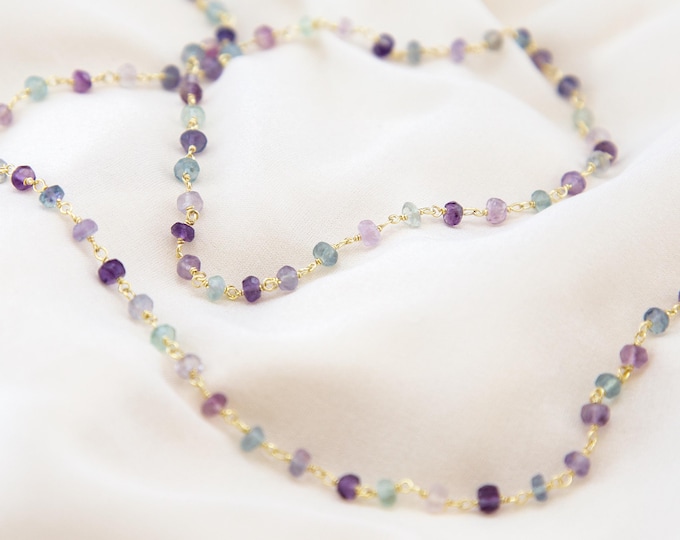 Beaded Multi Fluorite Necklace, Rainbow Fluorite Crystal Choker, Wire Wrapped Tiny Gemstones, Purple Green Crystal Rosary Layering Chain