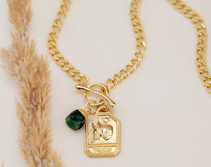 Zodiac Tag + Birthstone Charm Necklace, Thick Chain Toggle Clasp, May Birthday Gift for Taurus, Emerald Raw Crystal Curb Layering Necklace