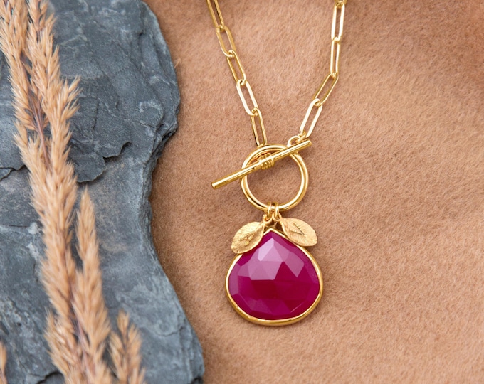 Gemstone Charm Necklace with Toggle Clasp, Gold or Silver Paperclip Chunky Layering Chain, Custom Initial & Birthstone Birthday Gift, Trendy