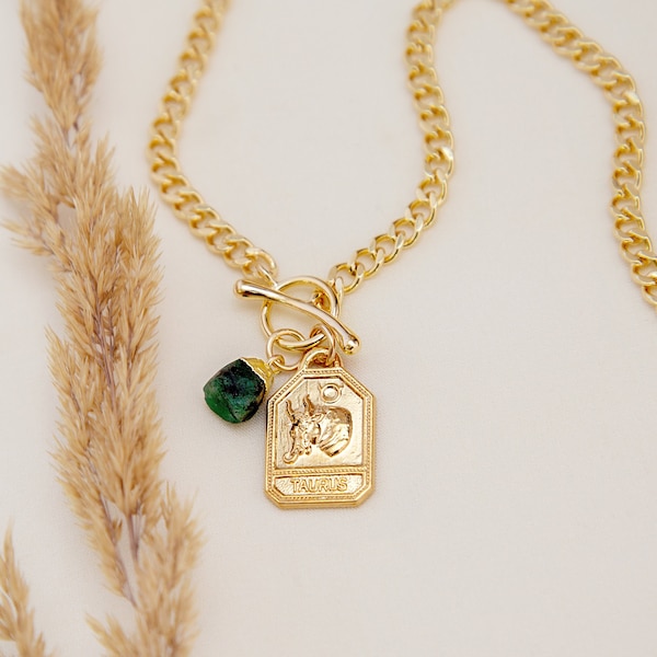 Zodiac Tag + Birthstone Charm Necklace, Thick Chain Toggle Clasp, May Birthday Gift for Taurus, Emerald Raw Crystal Curb Layering Necklace