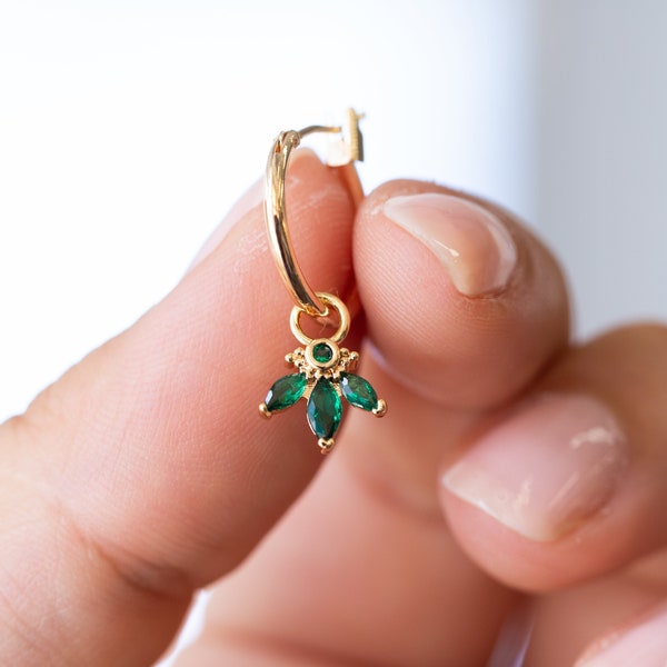 Dainty Emerald Huggies, Green Quartz Crystal Hoops, Fall Wedding Jewelry Bridesmaid Gift, Minimalist Tiny Hoop Multi Charm Earrings