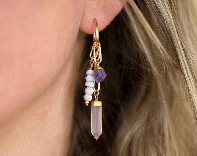 Charm Tassel Hoops, Raw Amethyst Crystal Uncut Gems, Rose Quartz Opal Custom Charm Earring Set, Unique Mismatched Earrings, Girlfriend Gifts