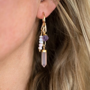 Charm Tassel Hoops, Raw Amethyst Crystal Uncut Gems, Rose Quartz Opal Custom Charm Earring Set, Unique Mismatched Earrings, Girlfriend Gifts