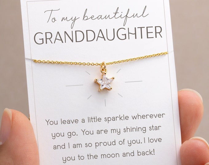 Granddaughter Gift, Birthday Necklace for Girls, Graduation Jewelry Gold Filled, Necklace on Personalized Card, Dainty Cubic Zirconia Star