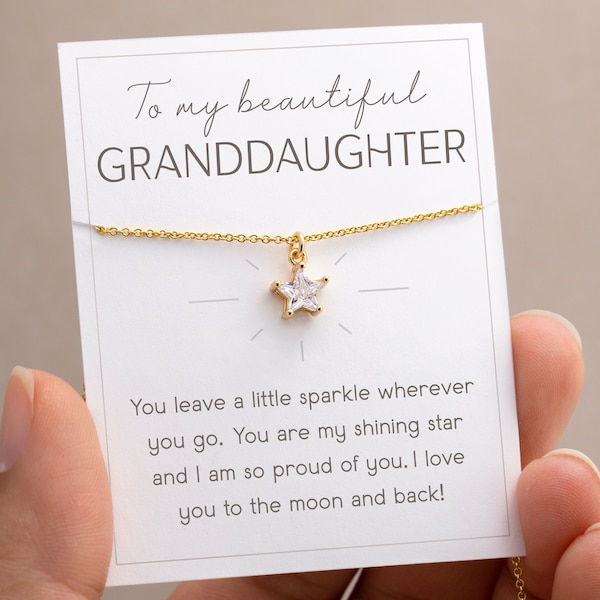 Granddaughter Gift, Birthday Necklace for Girls, Graduation Jewelry Gold Filled, Necklace on Personalized Card, Dainty Cubic Zirconia Star