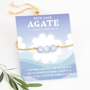 Kralen blauwe kanten agaat armband, echte kristallen voor balans, kalme kracht, armband op kaart cadeau voor dochter, verstelbare edelsteenketting bolo