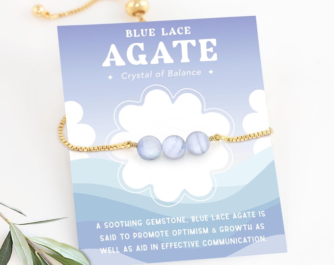 Beaded Blue Lace Agate Bracelet, Real Crystals for Balance Calm Strength, Bracelet on Card Gift for Daughter, Adjustable Gemstone Chain Bolo