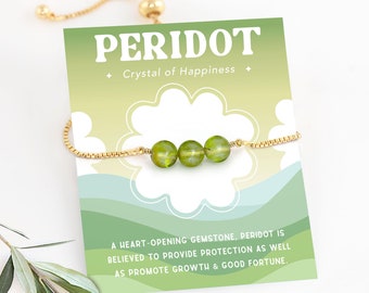 Dainty Peridot Bracelet, Crystal of Happiness Good Fortune Jewelry Gift, Beaded Crystal Adjustable Stacking Bracelet, August Birthstone Gift