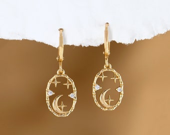 Celestial Huggies, Moon and Star Stacking Earrings, Lightweight Everyday Hoops, Summer Jewelry Best Friend Birthday Gift, Zodiac Huggie Hoop