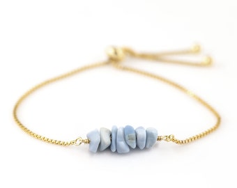 Dainty Blue Opal Bracelet, Something Blue Crew Bridesmaid Gift, Raw Gemstone Bar Stacking Bracelet, Adjustable Gold / Silver / Rose Gold