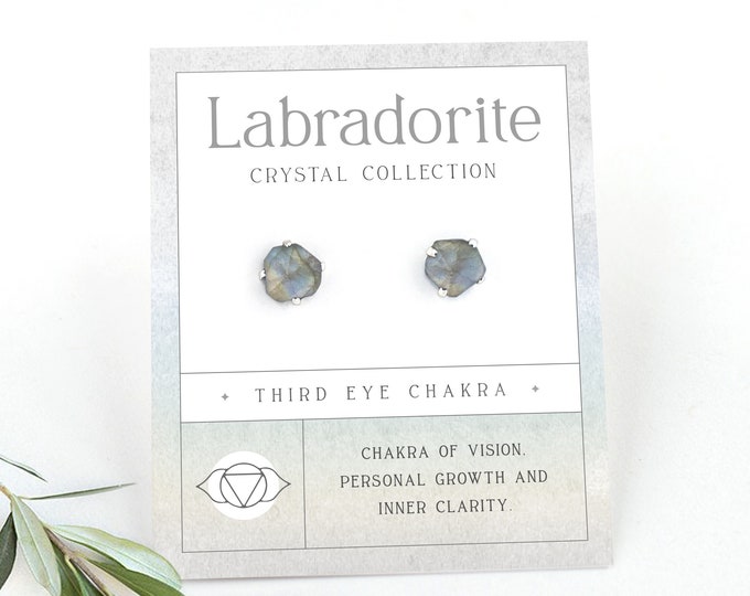 Dainty Labradorite Studs, Sterling Silver Prong Crystal Studs, Genuine Gemstones Everyday Post Earrings, Real Raw Cut Crystal Earrings Boho
