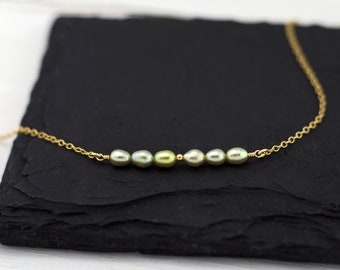 Sage Green Pearl Bar Necklace, Tiny Pearl Choker, Bridesmaid Gift Jewelry, Simple Choker, Christmas Gift Idea for Her, Seed Pearl Necklace