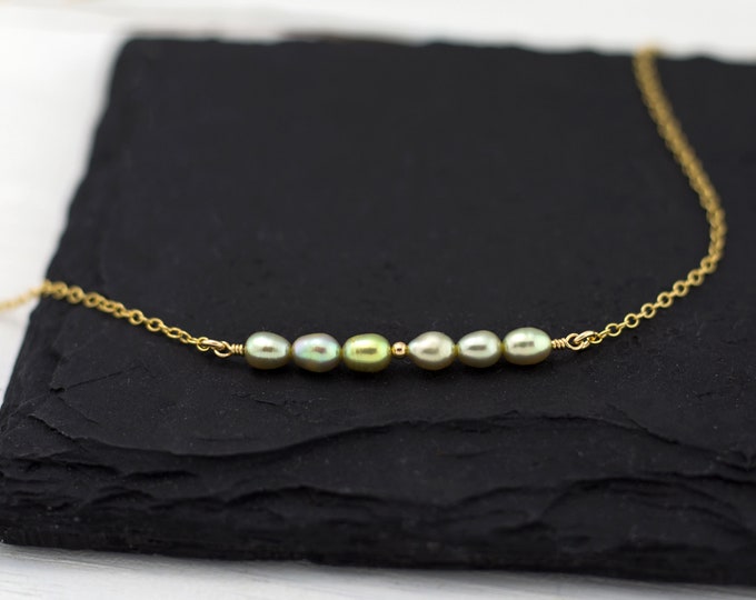 Sage Green Pearl Bar Necklace, Tiny Pearl Choker, Bridesmaid Gift Jewelry, Simple Choker, Birthday Gift Idea for Her, Seed Pearl Necklace