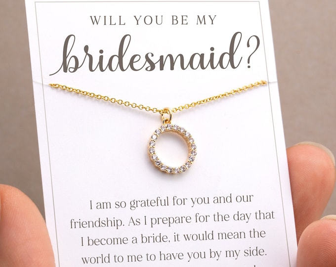 Will You Be My Bridesmaid Necklace, Dainty Circle Charm Pendant CZ Crystal Necklace with Card Maid of Honor Proposal Gift, Minimalist Bridal