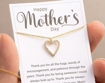 Christmas Card with Necklace, Ready to Gift Birthday Gift for Mom, Diamond Heart Necklace Gold Pave, Gift for New Mom from Husband