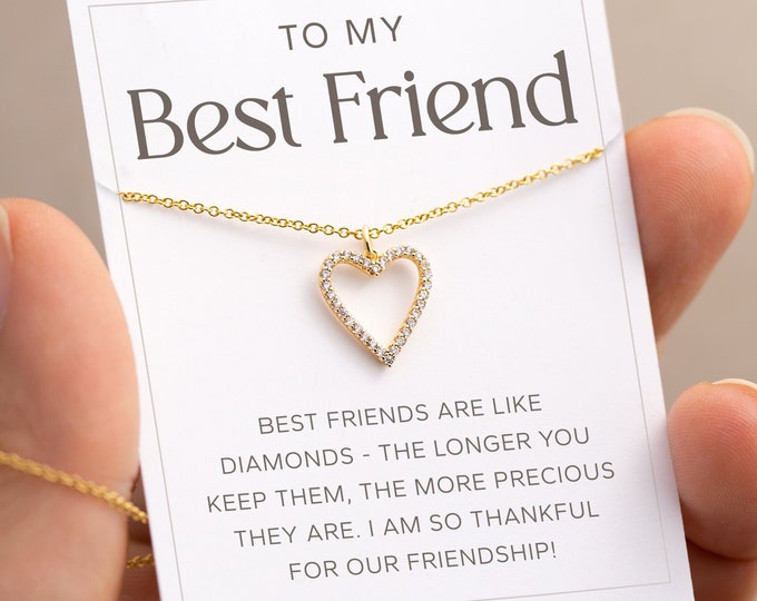 Best Friend Necklace Gift, CZ Diamond Heart Pendant, Gold Dainty Minimalist Necklace for Bestie Girl, 14k Gold Filled Chain, Friendship Gift