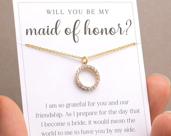 Maid of Honor Proposal, Personalized Bridal Party Necklace on Card, Dainty CZ Circle Pendant 14k Gold Filled Chain, Sister MOH Jewelry Gift