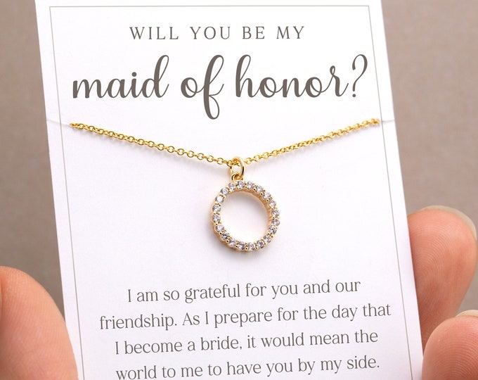 Maid of Honor Proposal, Personalized Bridal Party Necklace on Card, Dainty CZ Circle Pendant 14k Gold Filled Chain, Sister MOH Jewelry Gift