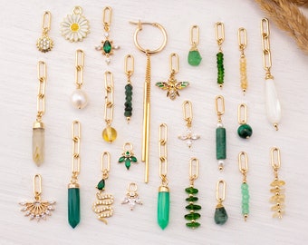 Multi Charm Hoops, Cute Dainty Emerald Crystal Pearl Charm Earring Set, Add On Charm Earrings, Huggie Hoops with Charm, Jewelry Trends 2023