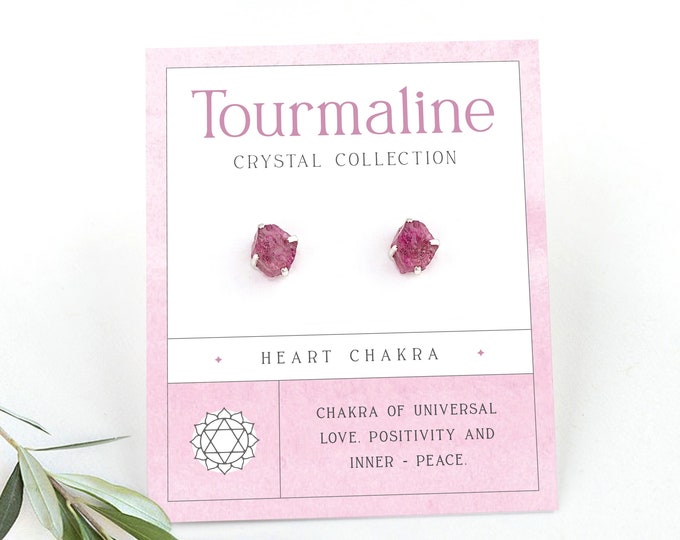 Pink Tourmaline Stud Earrings, October Birthstone Jewelry Gift, Natural Gemstone Raw Crystal Studs, Gift for Daughter, .925 Silver Earrings