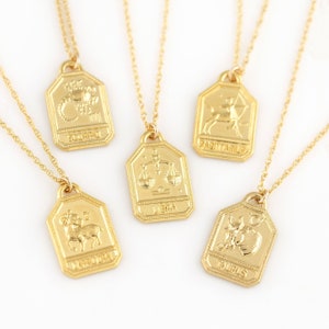 Gold Zodiac Tag Charm Pendant, Celestial Layering Necklace, Leo Taurus Sister Gift, Astrology 21st Birthday Gift for Her, Best Friend Gift