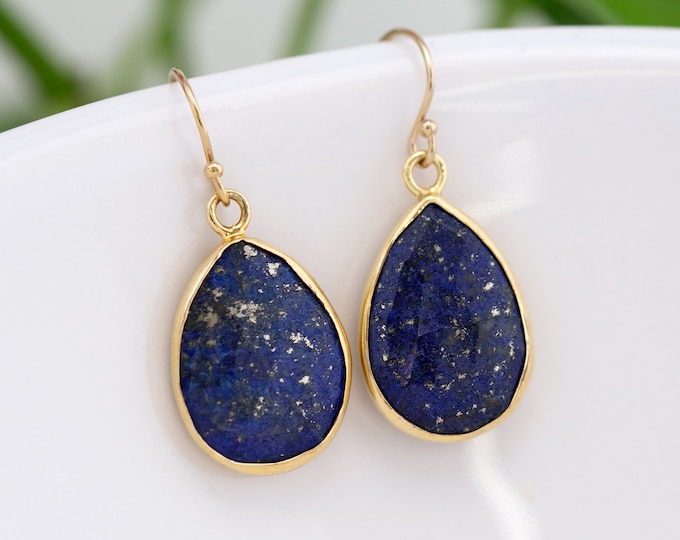 Lapis Lazuli Earrings, Unique Navy Blue Gold Genuine Gemstone Hook Earrings, September Birthstone Birthday Gift, Celestial Boho Earrings