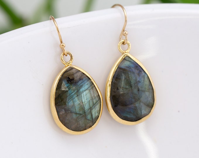 Labradorite Drop Earrings, Chunky Stone Statement Earrings Gold Filled, Unique Birthday Gift for Mom, Dangle Gemstone Crystal Hook Earrings