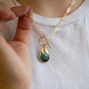 Gemstone Charm Necklace, Personalized Initial and Birthstone Necklace, Layering Paperclip Chain Toggle Clasp, Gift for Mom Sister Daughter