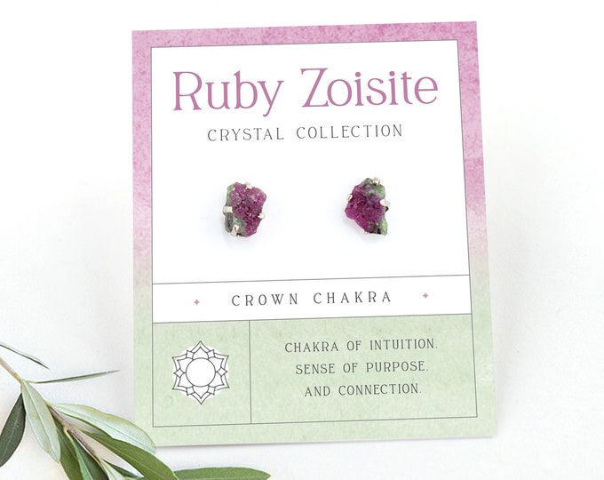 Natural Ruby July Birthstone Studs, Sterling Silver Raw Cut Gemstone Post Earrings, Ruby in Zoisite  Bridesmaid Studs Gift Under 30