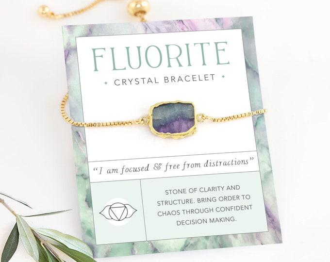 Colorful Fluorite Crystal Slice Bracelet, Genuine Gemstone Adjustable Slider Bracelet Stacking Rainbow Fluorite Clarity Crystal Jewelry Gift