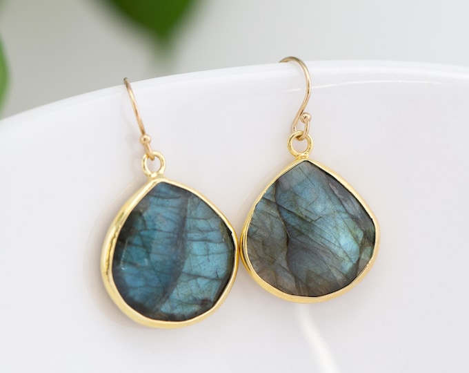 Large Labradorite Drop Earrings, Unique Real Gemstone Dangle Hook Earrings, Gold or Silver Bezeled Crystal Jewelry, Retirement Gifts Women