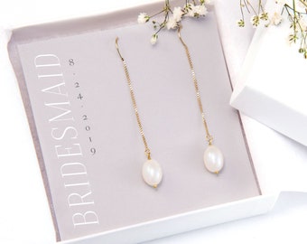 Regalo de dama de honor personalizado, pendientes de enhebrador de perlas de agua dulce, gota de perlas llenas de oro de 14k, pendientes de perlas de dama de honor, pendientes de perlas largas
