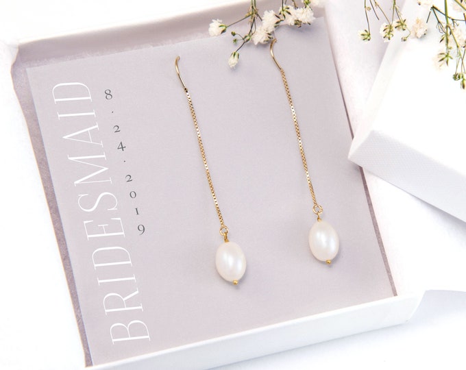 Custom Bridesmaid Gift, Freshwater Pearl Threader Earrings, 14k Gold Filled Pearl Drop, Bridesmaid Pearl Earrings, Long Pearl Earrings
