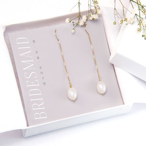 Custom Bridesmaid Gift, Freshwater Pearl Threader Earrings, 14k Gold Filled Pearl Drop, Bridesmaid Pearl Earrings, Long Pearl Earrings