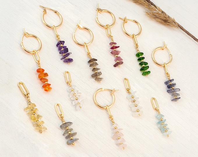 Raw Crystal Huggie Hoops, Beaded Crystal Hoop Earrings Gold, Birthstone Charm Tiny Hoops, Everyday Earrings Summer Jewelry Gift for Daughter