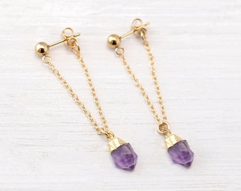 Birthstone Chain Drop Studs, Raw Cut Amethyst Crystals, Stud Chain Front to Back Earrings, Chain Loop Custom Dangle Earrings, Birthday Gift