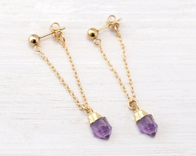 Birthstone Chain Drop Studs, Raw Cut Amethyst Crystals, Stud Chain Front to Back Earrings, Chain Loop Custom Dangle Earrings, Birthday Gift