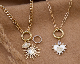 Build Your Own Charm Necklace, Paperclip Curb Chunky Chain Carabiner Clasp, Zodiac Birthstone Initial Pave CZ Charms Vintage, Trendy Jewelry