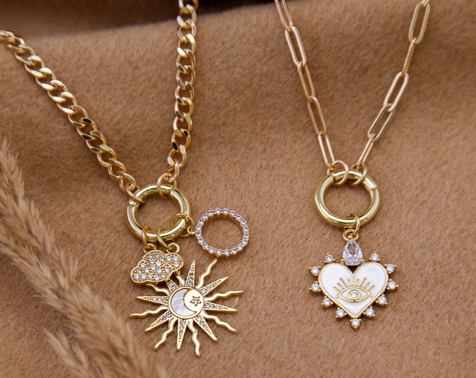 Build Your Own Charm Necklace, Paperclip Curb Chunky Chain Carabiner Clasp, Zodiac Birthstone Initial Pave CZ Charms Vintage, Trendy Jewelry