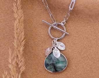 Custom Emerald Necklace, Initial Charm Paperclip Chain Silver, Chunky Toggle Clasp with Genuine Gemstone Pendant, Birthday Christmas Gift
