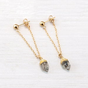 Raw Diamond Chain Stud Earrings, Gold Filled Herkimer Diamond Hoop Chain, Minimalist Jewelry, Gemstone Stud Drop Earrings, Bridesmaid Gift image 1